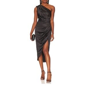 Elliat Cassini One Shoulder Draped Satin Midi Dress Black Size XS NWT